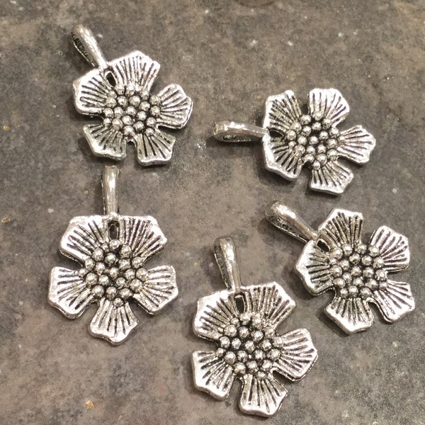 CLEARANCE Tibetan Antique Silver Flower pendant charms with large hole bail  Package of 5 pendants Gorgeous jewelry making pendants