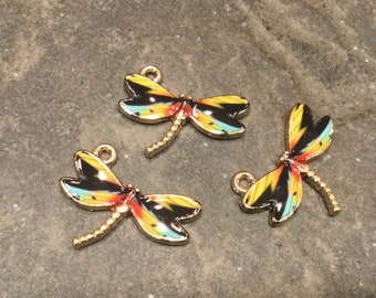 Fall  Dragonfly charms Package of 3 charms enamel gold finish charms for earrings and pendants
