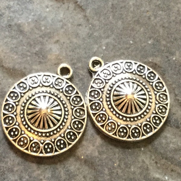 Round Silver Focal  pendants with raised, textured pattern Package of 2 Great quality focal pendants for jewelry making