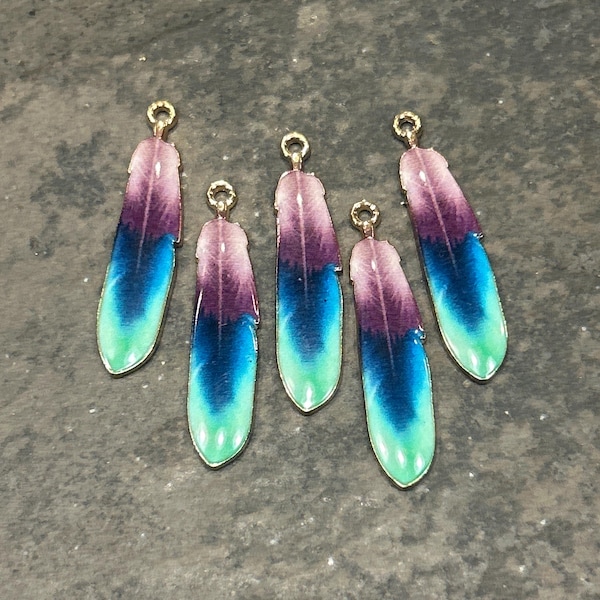 Gold finish Feather charms with blue and purple  enamel detail Package of 5