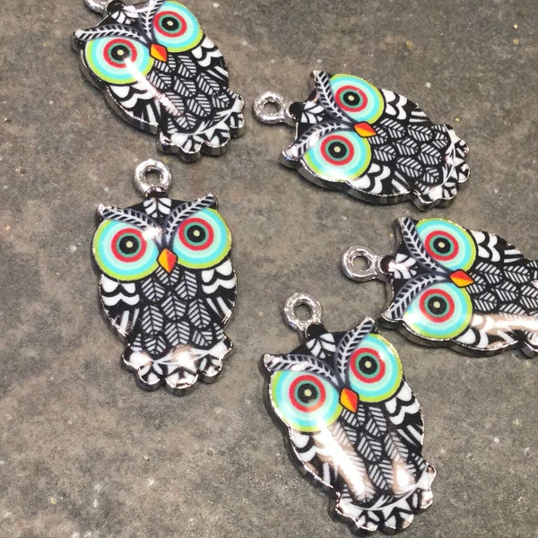 Colorful Black and White Owl Charms with Aqua and silver finish Package of 5 charms for jewelry making Fall colors