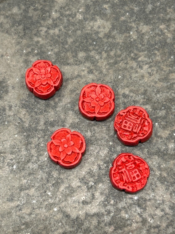 CLEARANCE Cinnabar clover shaped beads Package of 5 beads with reversible pattern Red carved beads