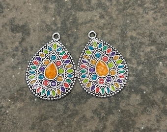 Colorful Silver and enamel teardrop dangle charms package of 2