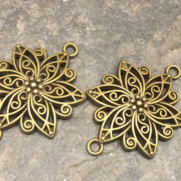 Bronze Filigree Flower connectors package of 2 charms perfect for pendants and jewelry making Beautiful Quality