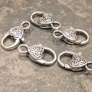 Large Heart filigree lobster claw clasps Package of 5 antique silver clasps for jewelry making