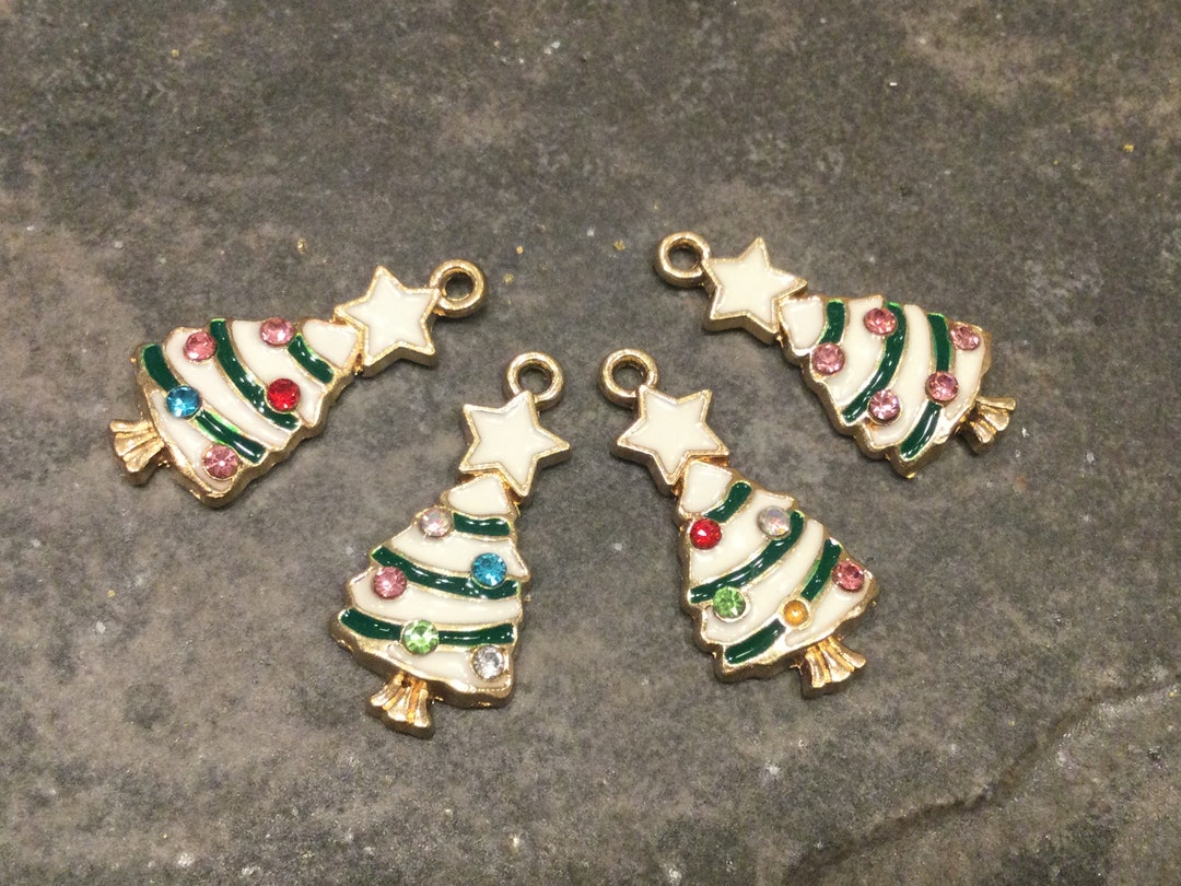Christmas Tree Charms With Enamel and Sparkly Rhinestone Detail Set of