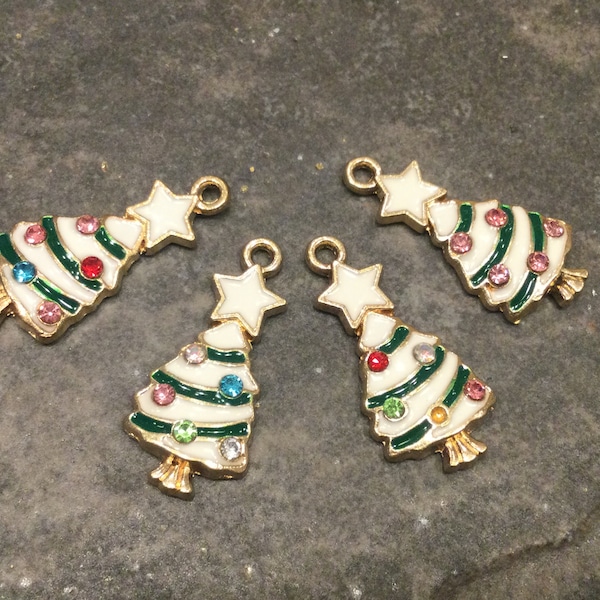 Christmas Tree charms with enamel and sparkly rhinestone detail Set of 4 charms Great for Christmas and Holiday Jewelry Making