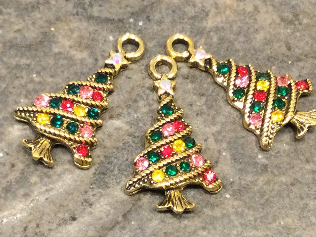 Antique Gold Christmas Tree Charms With Sparkly Rhinestone Detail Set