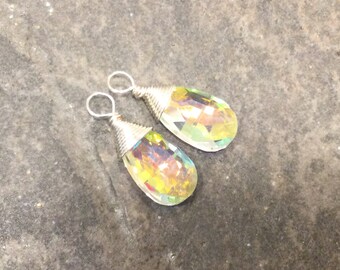 Silver wire wrapped Aurora Borealis faceted Crystal  pendant Charms Package of 2 Beautifully cut Designer look pendants