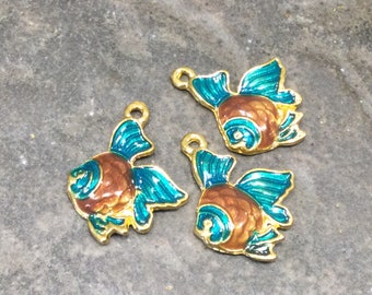 Enamel Fish Charms Package of 3 Charms gold finish Beach Theme Charms