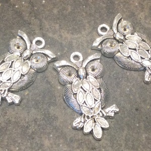 May include: Three silver owl charms with detailed etched designs. Each owl has a loop for attaching to a necklace, bracelet, or other jewelry.