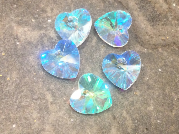 CLEARANCE Aurora Borealis Crystal Heart Charms Package of 5 Beautifully Cut  With Nice Weight Valentines Day Charms for Jewelry Making 