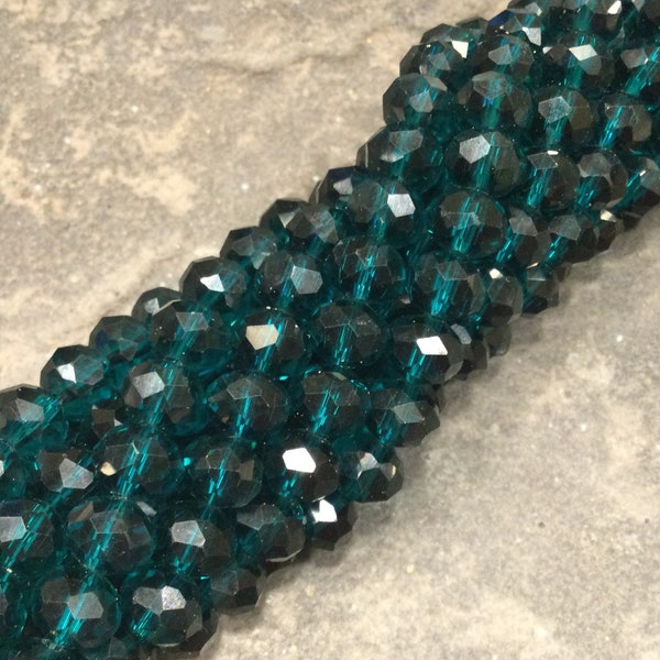 Dark Peacock Blue faceted crystal rondelle beads 8mm beads 16 inch strand