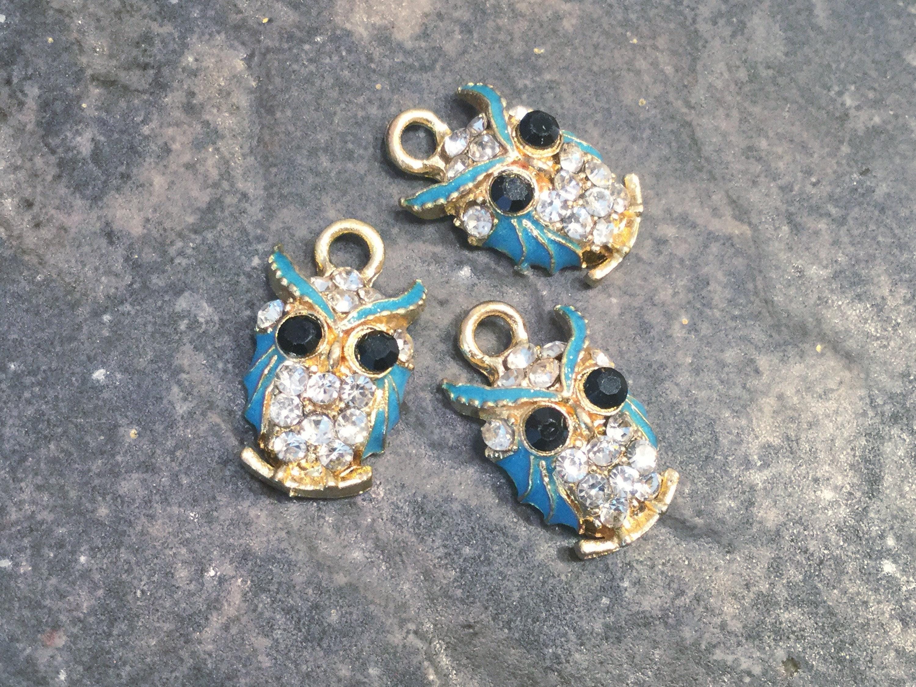 Owl Charms with rhinestone and  enamel detail Gold Owl charms Package of 3 charms Great sparkle!