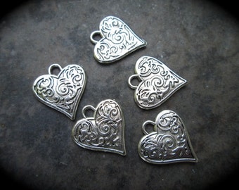 Filigree Heart Charms package of 5 with shiny silver finish Double Sided heart charms scroll pattern