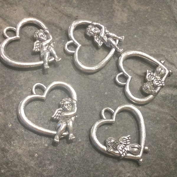 CLEARANCE Heart charms with cherub Double sided open heart charms for Valentines Day Package of 5 charms
