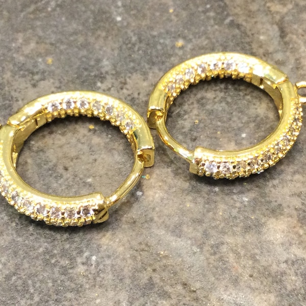 Gold plated brass huggie hoop earring findings with inside out pave rhinestones and loop One pair Jeweler quality