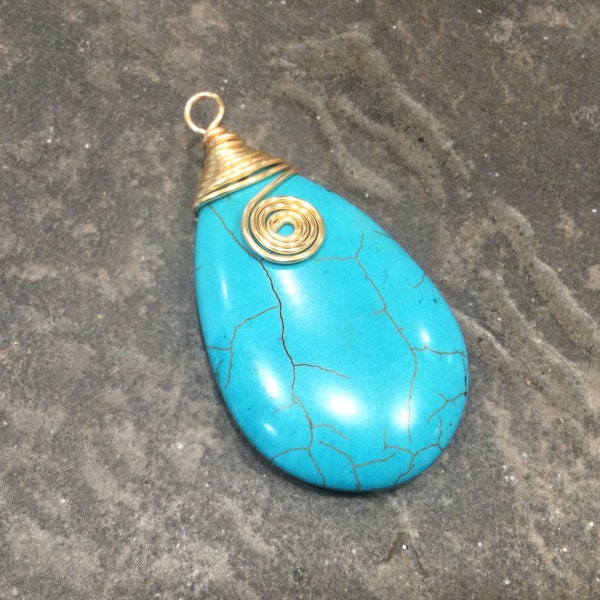 CLEARANCE Large wire wrapped turquoise teardrop pendants with gold plated brass detail ONE pendant