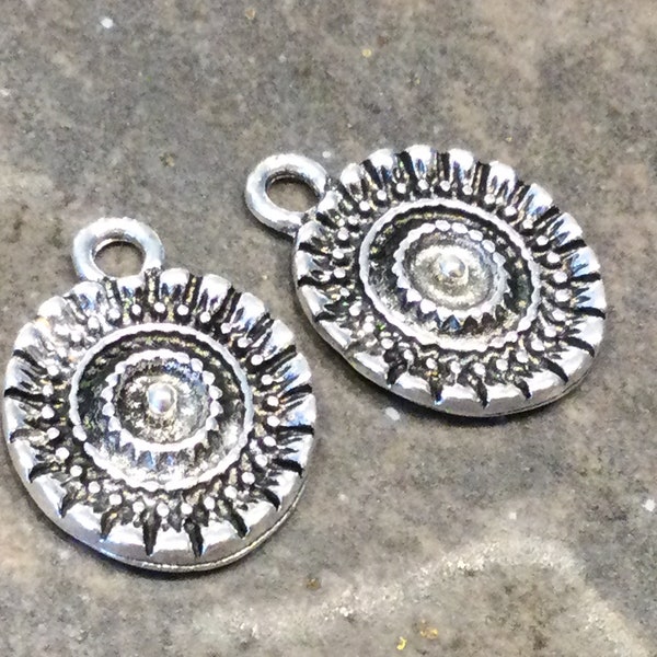 CLEARANCE Artisan style Round Silver Tibetan Mandala pendants with textured pattern  Great quality focal pendants Package of 2