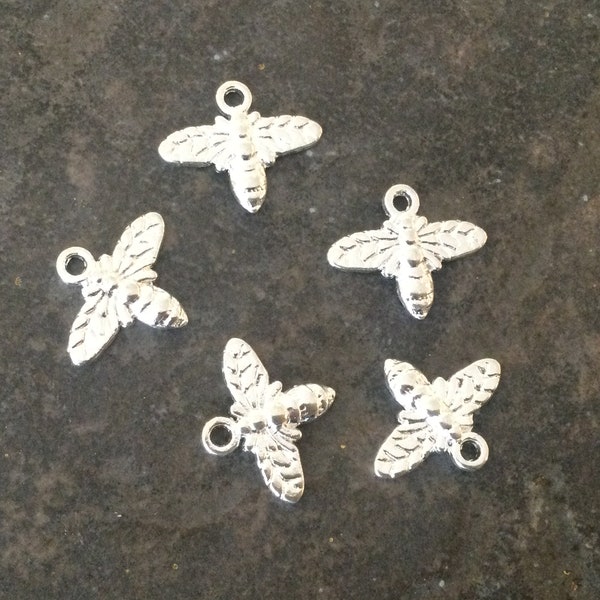 Small Bee charms in bright silver finish set of 5 charms Summer charms Adjustable bangle charms