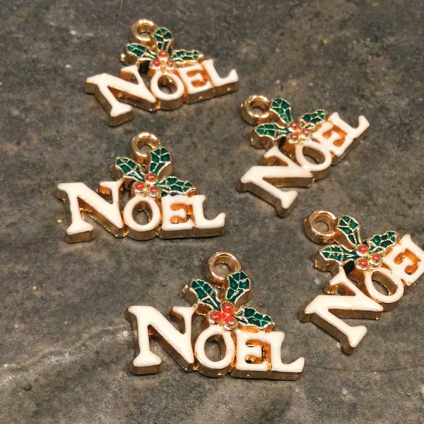 Noel charms with light gold finish and enamel detail package of 5 charms for Christmas crafts