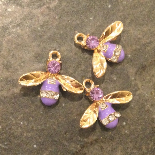 Classy gold Bee charms with purple enamel and rhinestone accents package of 3 charms Summer charms for jewelry making
