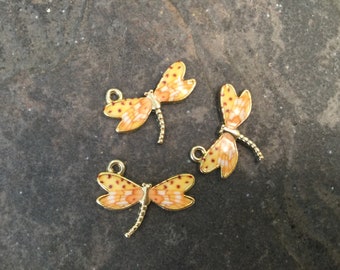 Fall  Dragonfly charms Package of 3 charms Orange enamel gold finish charms pefor adjustable bangle bracelets, earrings and pendants