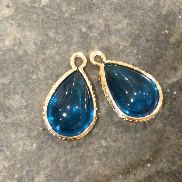 Peacock Blue Bezel Set Faceted Glass Charms Package of 2 Teardrop Shaped Gold finish Pendant Charms