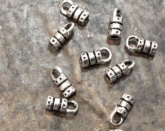 Leather cord ends in antique silver finish Fits up to 2mm cord Pack of 10 9mm cord end caps with loop