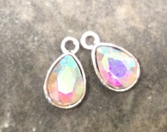 Aurora Borealis Bezel Set Faceted Glass Charms Package of 2 Teardrop Shaped Faceted Pendant Charms  in platinum finish