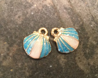 CLEARANCE Gold Shell charms with pearlized turquoise enamel finish Package of 2 charms Beach theme charms