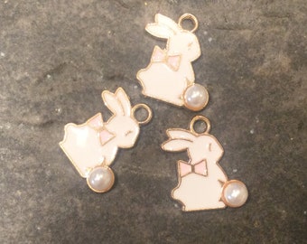 Enamel Easter Bunny Charms with pearl detail  package of 3 charms for Easter crafts