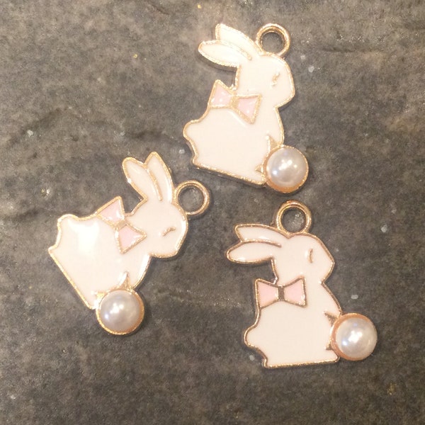 Enamel Easter Bunny Charms with pearl detail  package of 3 charms for Easter crafts