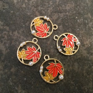 Antique gold leaf charms with enamel and pearl detail package of 4 charms Great Quality Fall charms
