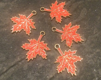 CLEARANCE Gold Maple leaf charms with orange enamel detail package of 5 charms Great Quality Fall charms for jewelry making