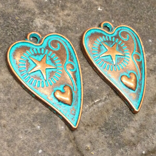 Copper finish Rustic Artisan style heart charms with star detail and patina Package of 2 charms for jewelry making