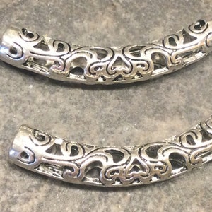CLEARANCE Silver filigree curved tube beads  with large hole for jewelry making Package of 2