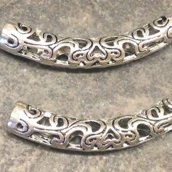 CLEARANCE Silver filigree curved tube beads  with large hole for jewelry making Package of 2