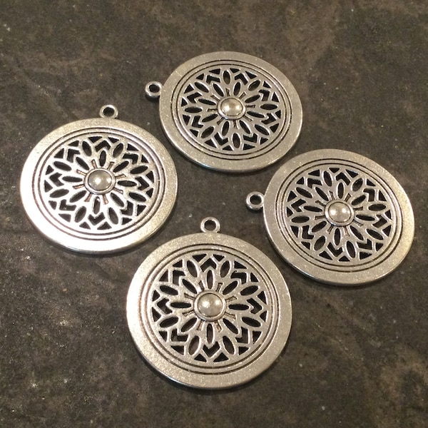 Round Silver Focal  pendants with cut out filigree design Package of 4 focal pendants for jewelry making