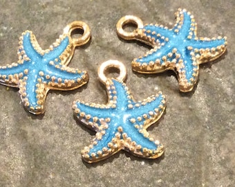 Gold Starfish charms with turquoise blue enamel finish Package of 3 charms Beach theme charms