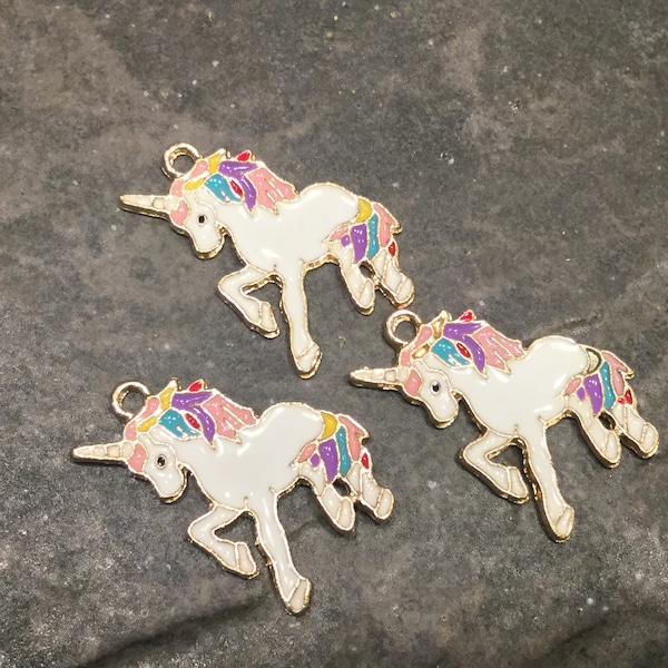 Enamel Unicorn charms in white with gold finish package of 3 ornate charms Perfect for children’s jewelry and crafts