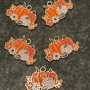 May include: Five metal charms featuring a cluster of two orange pumpkins, one light purple pumpkin, and a small flower with orange leaves. Each charm has a gold-toned metal outline and a small circular loop at the top for attachment.