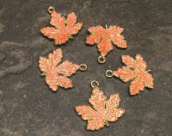 Gold Maple leaf charms with pale orange enamel detail package of 5 charms Great Quality Fall charms for jewelry making