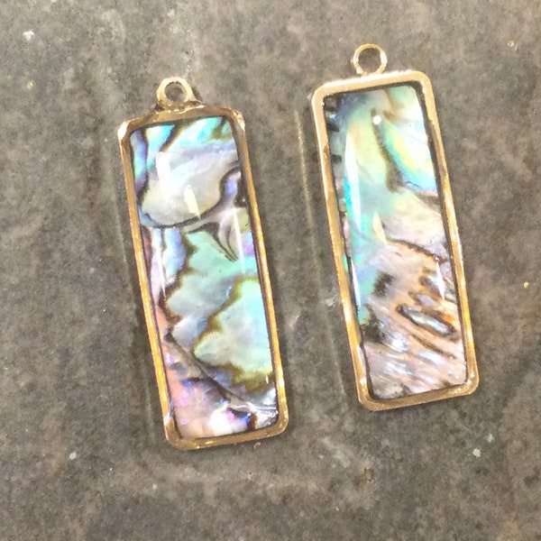 Abalone Shell bezel set pendants Package of 2 rectangle shaped charms with Beautiful colors and gold bezel setting