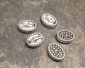 Silver Miraculous Medal Beads package of 5 oval charms double sided Mother Mary Virgin Mary charms Religious charms