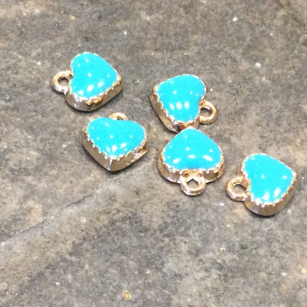 Tiny Turquoise enamel heart charms with gold finish package of 5 charms Great for Valentine’s Day!