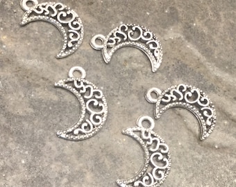 CLEARANCE Moon charms in antique silver finish and filigree detail Package of 5 charms Celestial charms for jewelry making