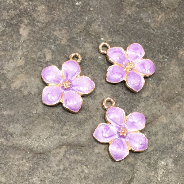 CLEARANCE Spring Flower charms in gold finish with purple enamel detail package of 3 charms