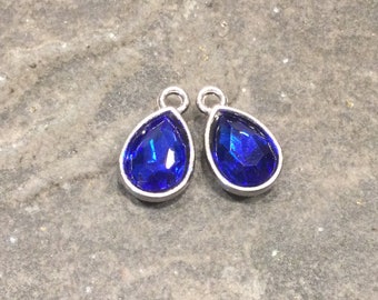 Sapphire Blue Bezel Set Faceted Glass Charms Package of 2 Teardrop Shaped Faceted Pendant Charms  in platinum finish