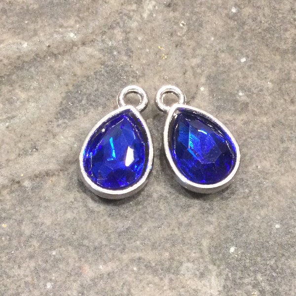 Sapphire Blue Bezel Set Faceted Glass Charms Package of 2 Teardrop Shaped Faceted Pendant Charms  in platinum finish